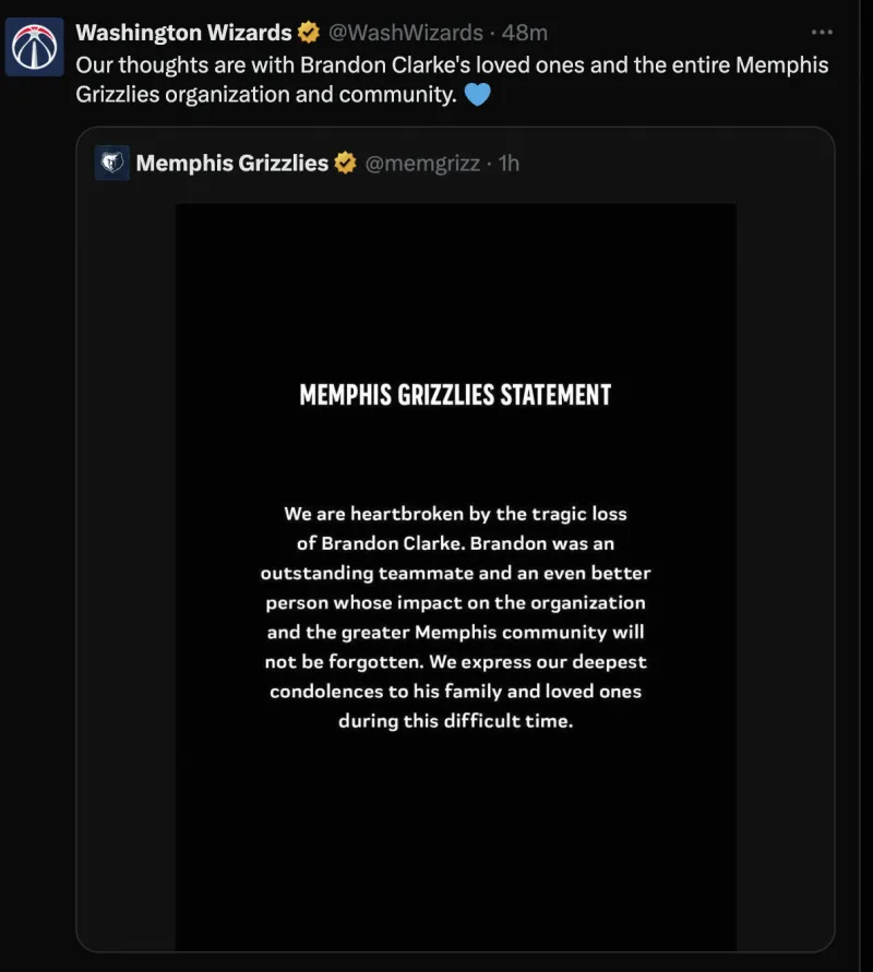 赛事统计-奇才官方悼念布兰登-克拉克：向其亲人及灰熊社区表达慰问